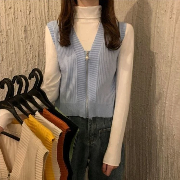 2026 Spring Women Knitted Vest V Neck Zipper Sleeveless Cardigan Korean Style Casual Outerwear Trendy Tops