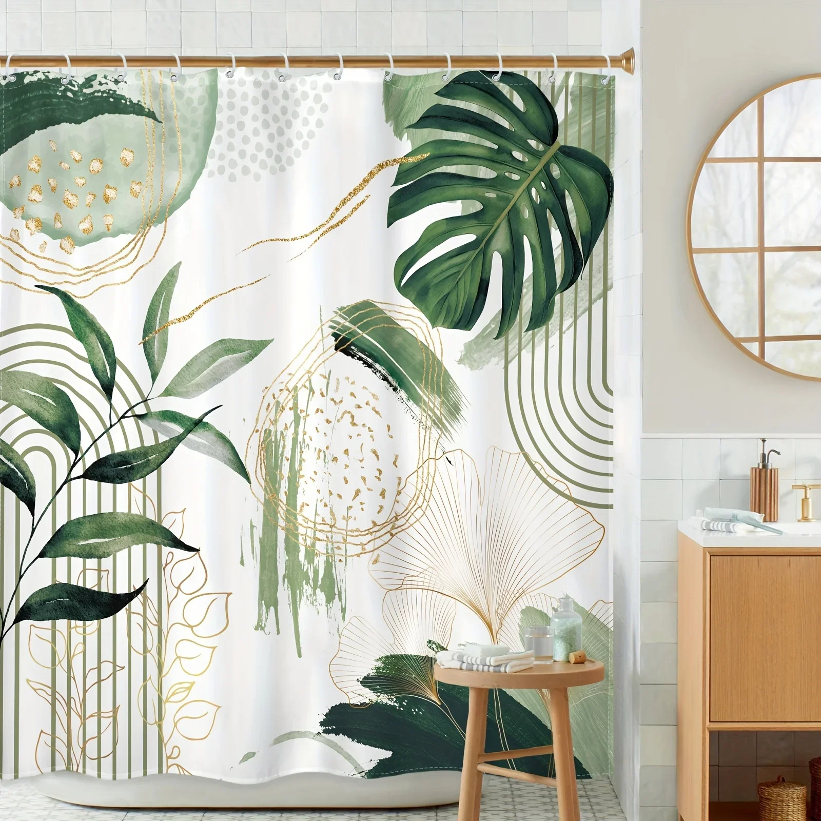 Sage Green Boho Curtain - Abstract Tropical & Geometric Design, Polyester, 71x71In, 12 Hooks, Modern Bath