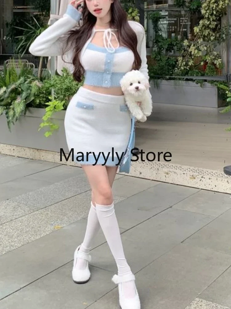 Sweet Evening Party Clothing 3 Piece Skirt Set Women Casual Elegant Cardigan + Bodycon Vest + Y2K Kawaii Skirt 2023 Autumn