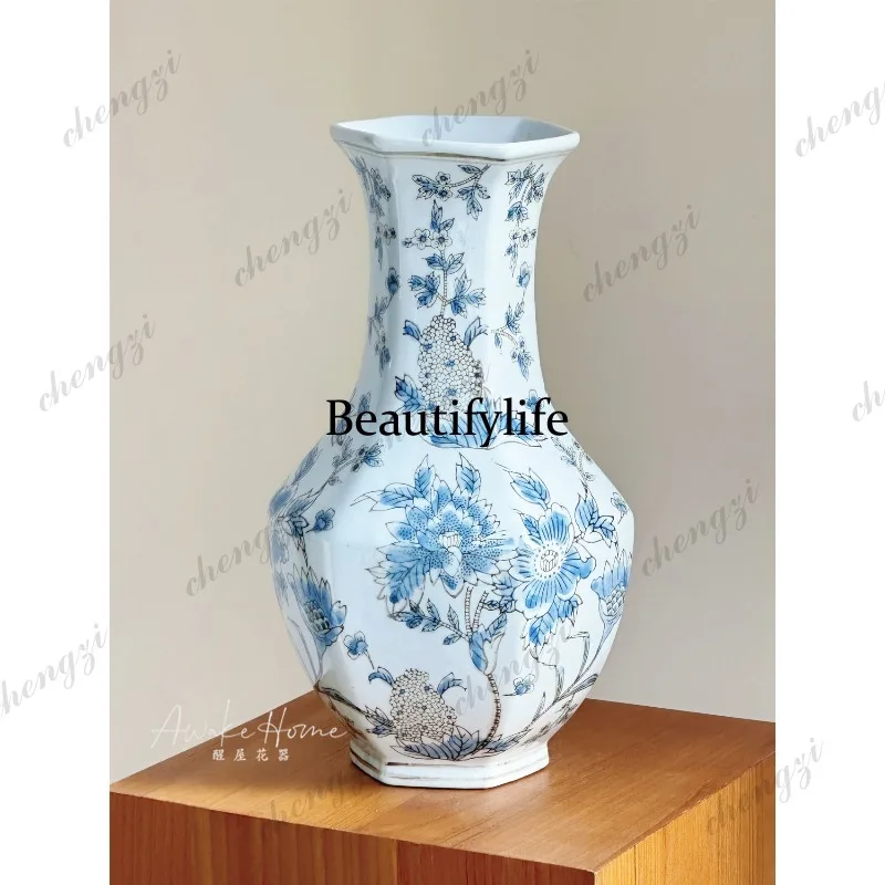 Large diameter ceramic vase, new Chinese style living room entrance, advanced ornament, retro blue and white porcelain