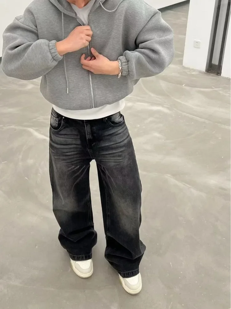 뉴 빈티지 워시드 레저 남성 청바지 가을 겨울 신상 스트레이트 팬츠 하이웨이스트 루즈핏 남성 와이드 레그 팬츠