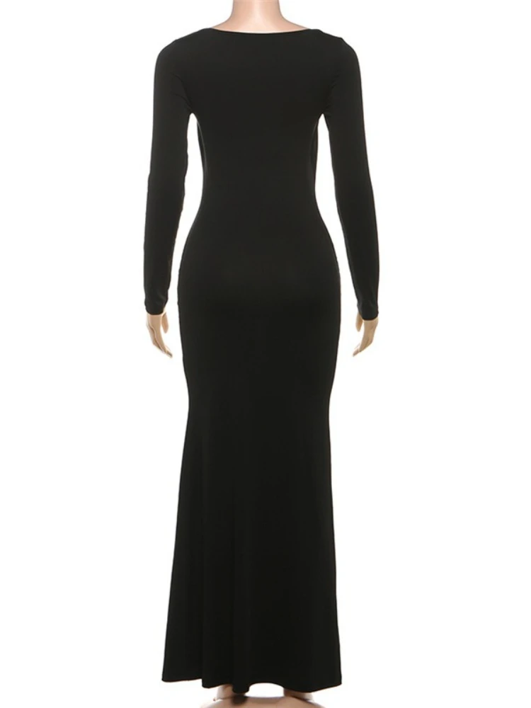 SsTss Dames Kant Gesplitst Slanke Maxi-jurk Effen Laag Uitgesneden Vierkante Hals Lange Mouw Hoge Taille Getailleerd Vakantie Feest Lange Jurk