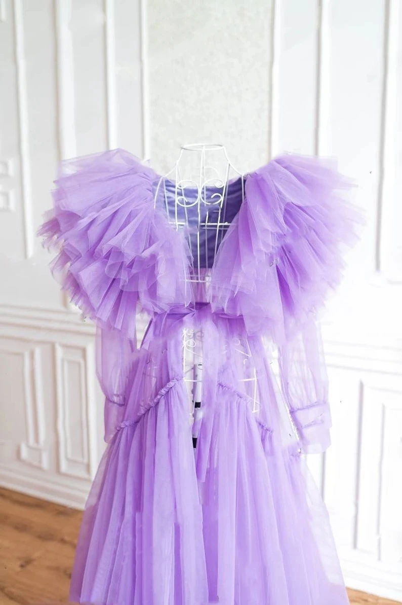 Real Photos Lavender Maternity Gown for Photoshoot Sheer See Thru Ruffles Tulle Maternity Dress Women Robes for Baby Shower