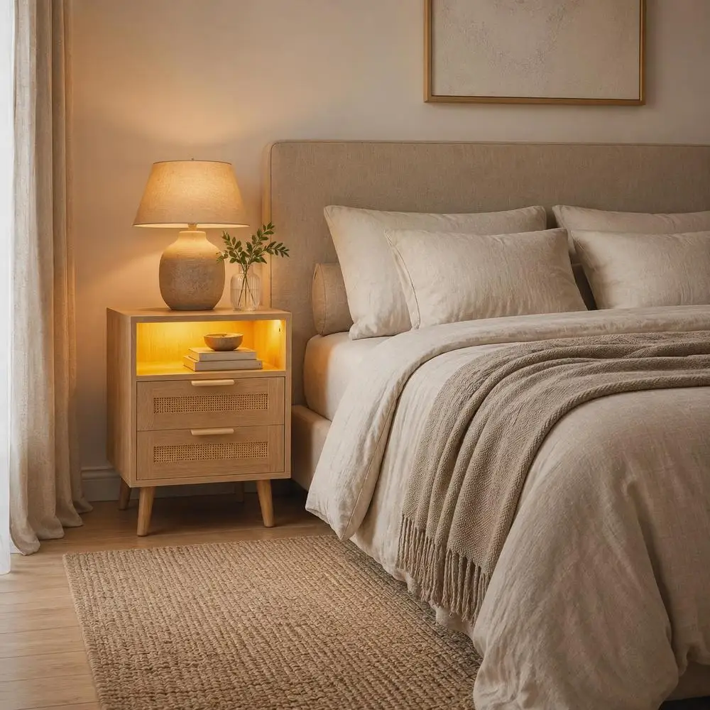 Rattan-Nachttisch mit Metallgriffen und Ablage, 2 Schubladen, Nachttisch für Schlafzimmer, moderner Aufbewahrungstisch für Zuhause