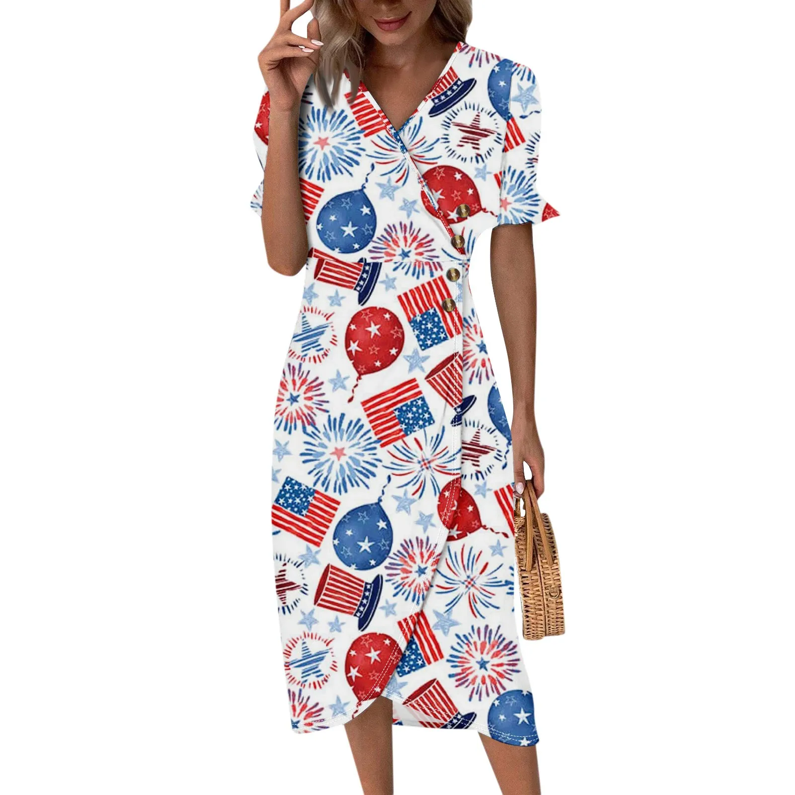 

Flag Pirnt Dress Usa Independence Day Aesthetic Dresses Summer Women Beach Dress Plus Size Print Vestidos Short Sleeve