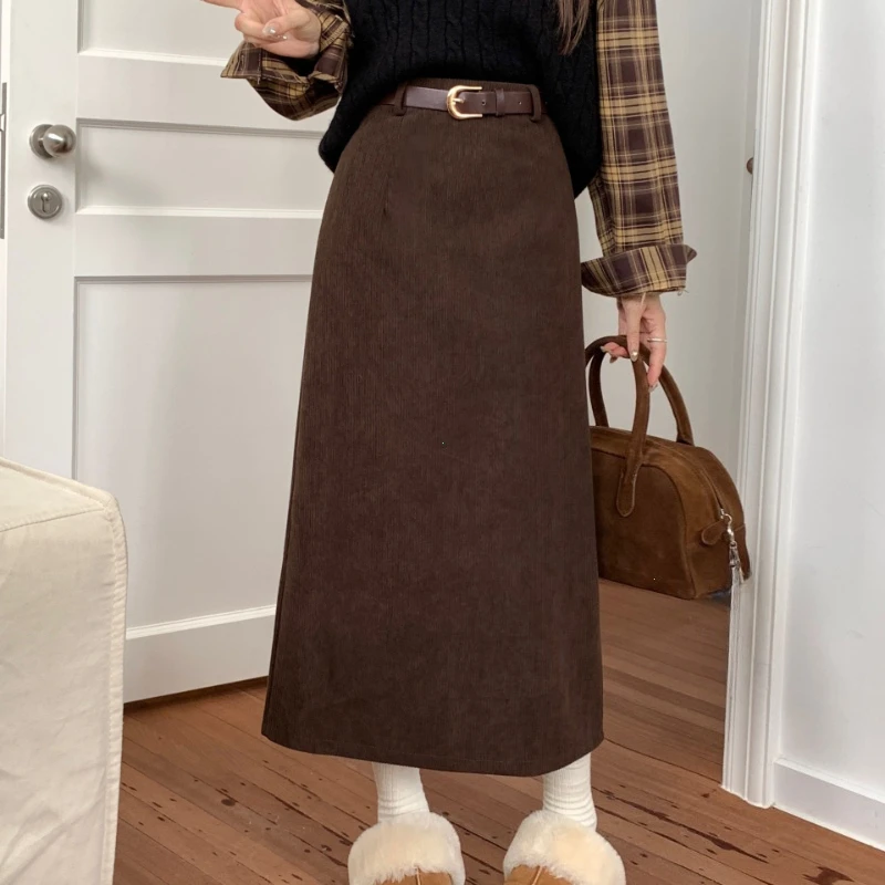 High Waist Slimming Retro Corduroy Midi Skirt Hip Concealing Straight Leg A- Line Wrap Around Skirt for Women Solid Color