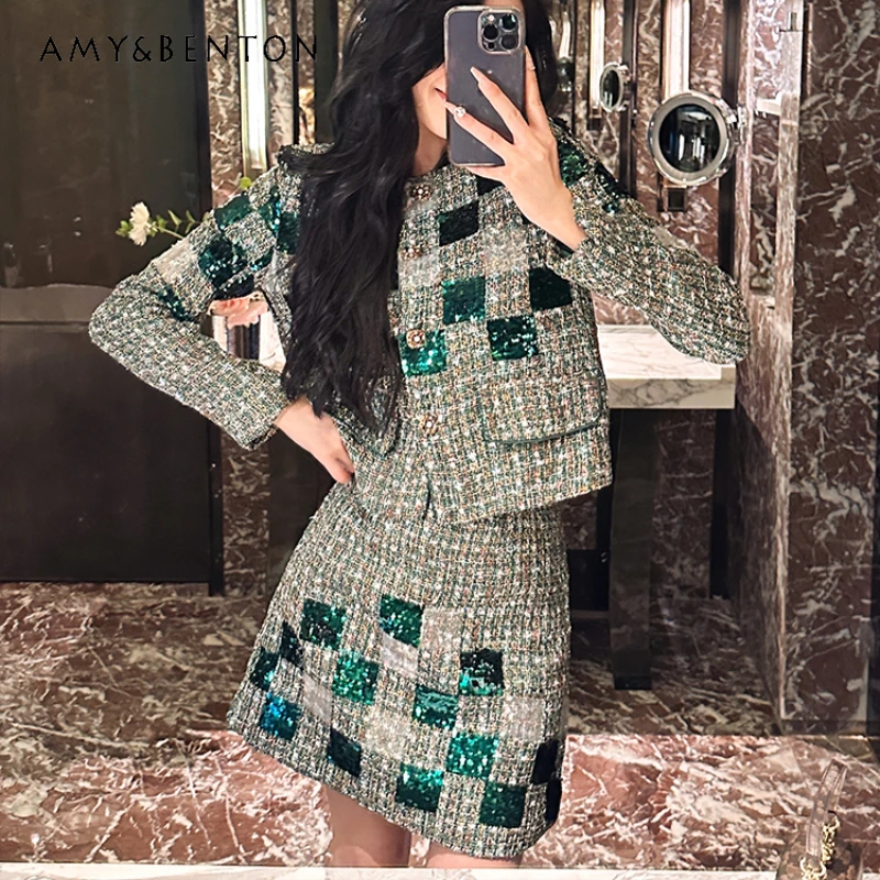 

High-End Ladies Style Sets Women's Heavy Embroidery Sequins Tweed Short Coat Hip Skirt Two-Piece Suit Singel-breasted New Jacket