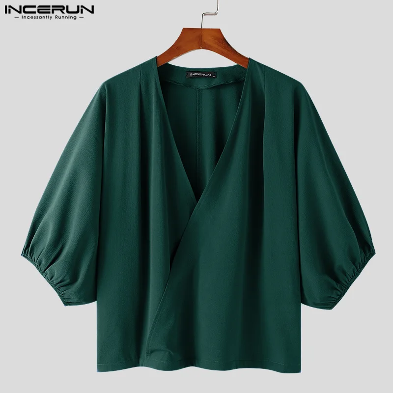 Men Shirts Solid Color Deep V Neck Half Puff Sleeve Casual Men Clothing Summer Loose Streetwear 2024 Fashion Camisas INCERUN