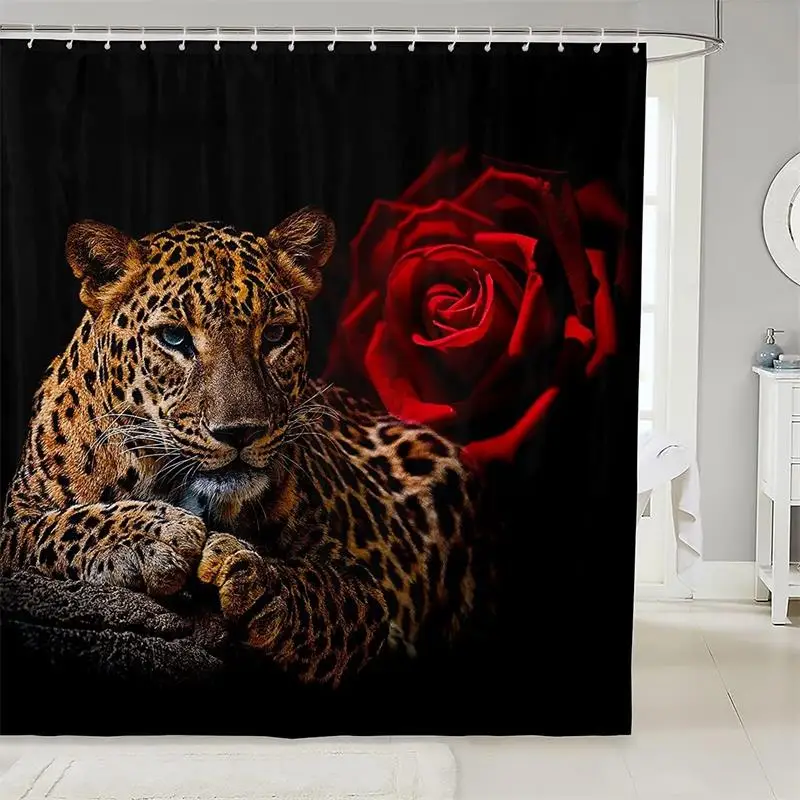 Wildlife Tiger Leopard Shower Curtain Red Rose Pink Floral Jungle Wild Animals Bath Curtains Polyester Home Bathroom Decor Set