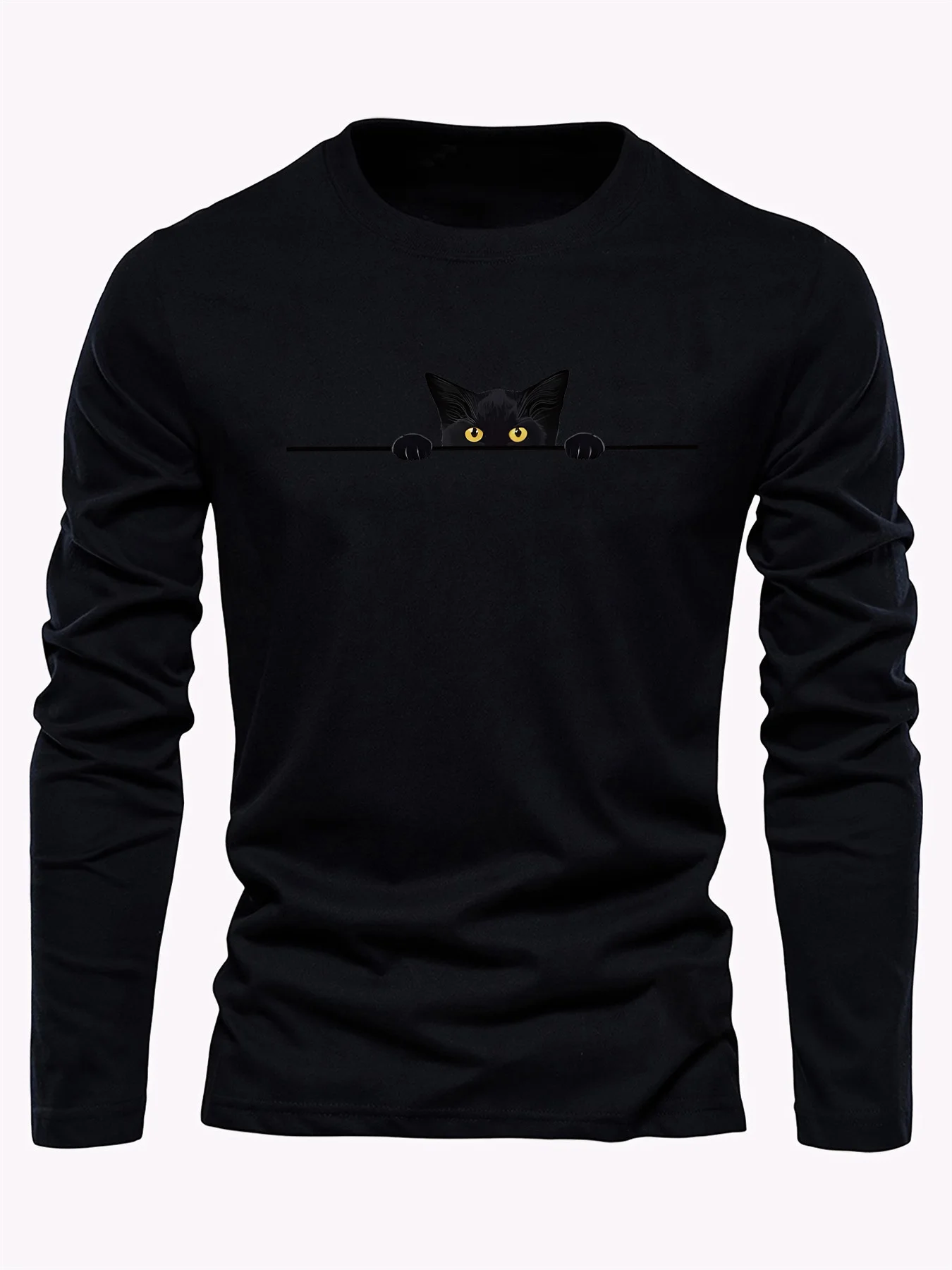 

100% pure cotton men's long sleeved round neck loose personality black cat print spring and autumn casual versatile T-shirt top
