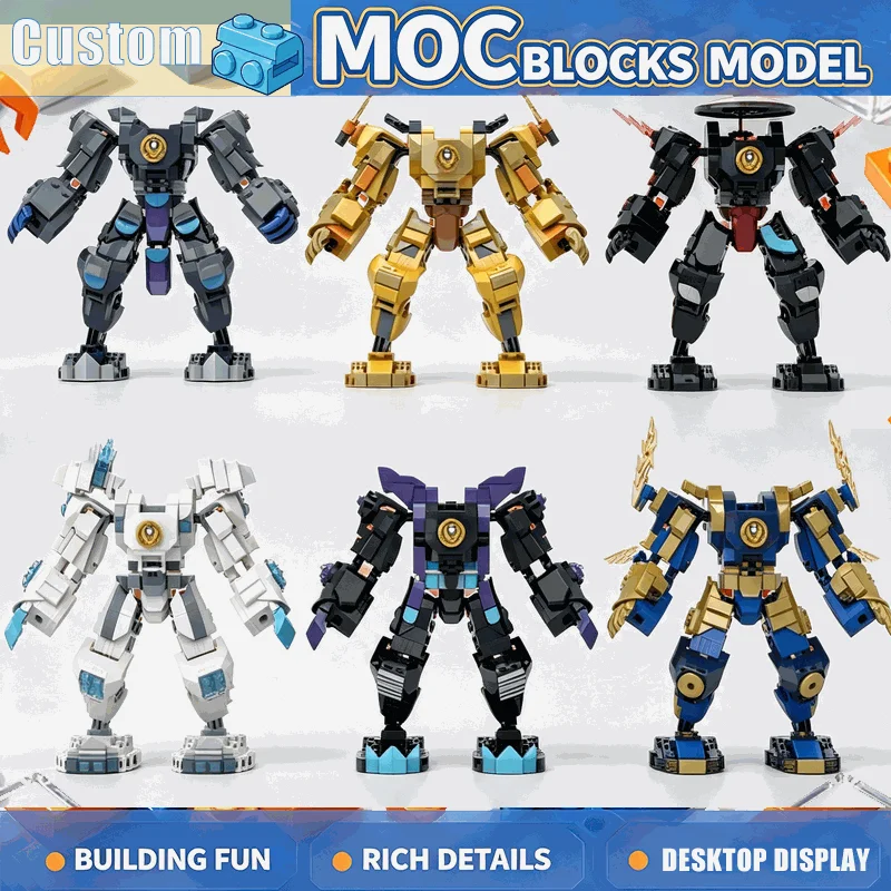 1975PCS Elemental Robot Mech Bundle Building Blocks Six Colorful Warrior Models DIY Assembly Set Creative Display Festival Gift