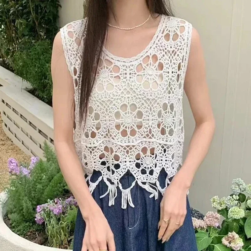 

Boho Fringe Crochet Top Sleeveless Open-knit Vest Tops Summer Beach Cover Up Women Vacation Outfit