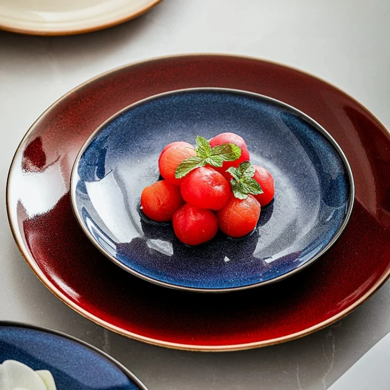 Ceramic Dinner Plate Creative Kiln Change Retro Shallow Plate Japanese Food Store Household Commercial Steak Disc Tableware