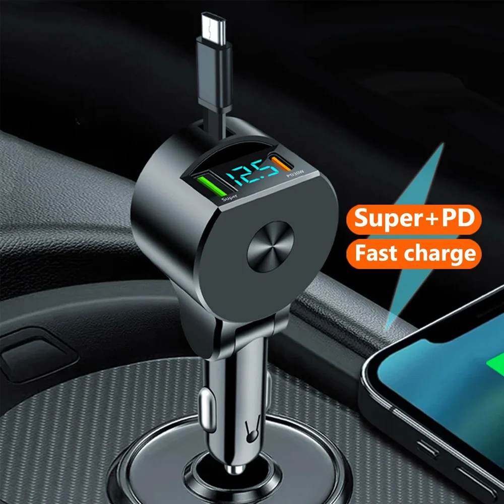 1pc Car 3 in 1 Retractable Fast Charging Adapter Voltage Detection Phone Charger QC3.0 Type C PD USB Digital Display Charger