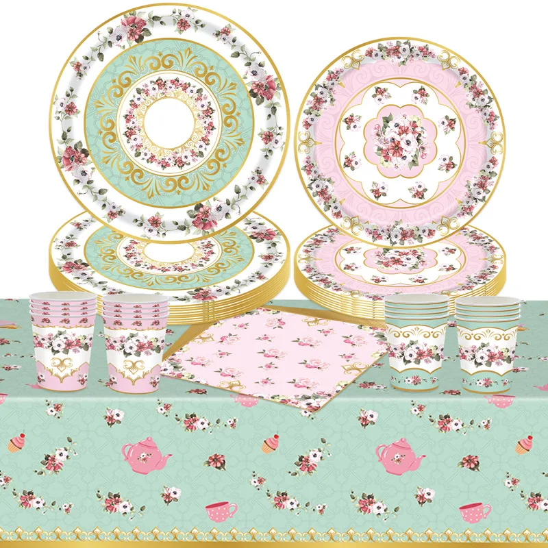 Vintage Floral Disposable Paper Party Plates Teacup Elegant Flower Paper Plates Saucer Afternoon Tea Party Decorations Birthday