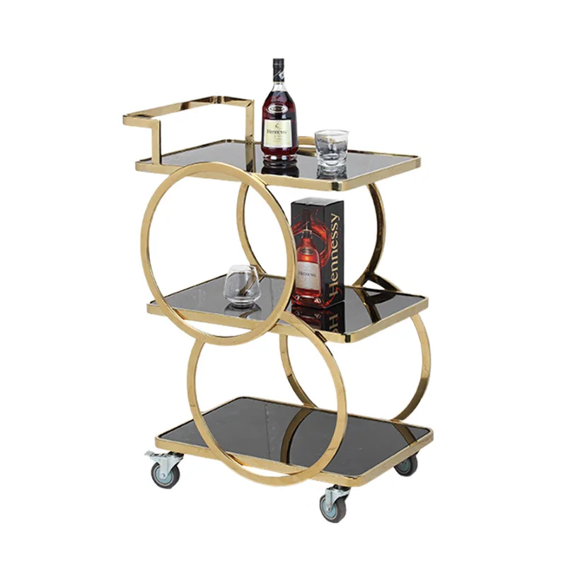 Titanium gold double circle liquor cart, delivery service cart, silent hotel manual dessert cart