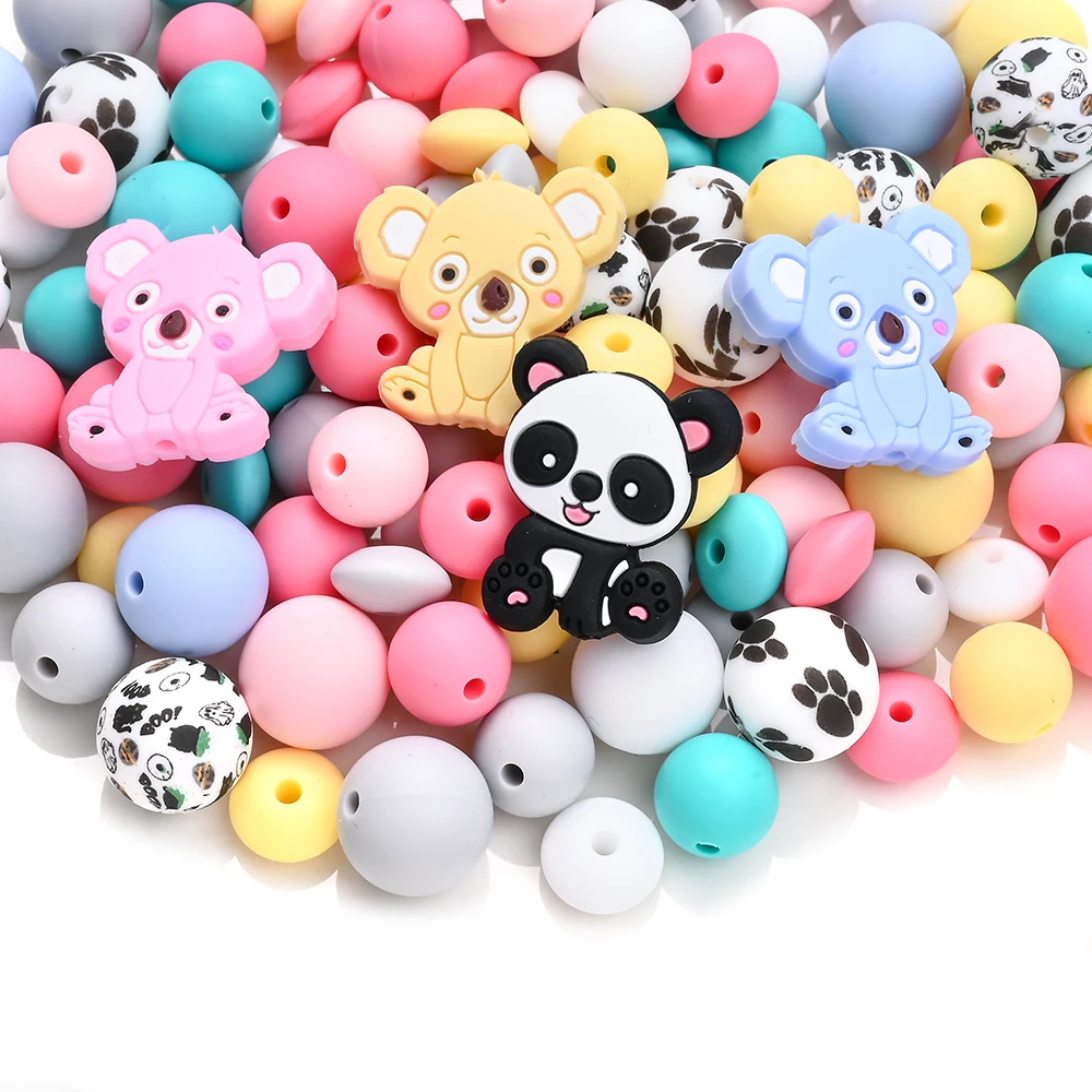 Silicone Baby Teething Bead Koala Panda Print Solid Color Silicone Beads Food Grade for Newborn DIY Pacifier Chain Accessories