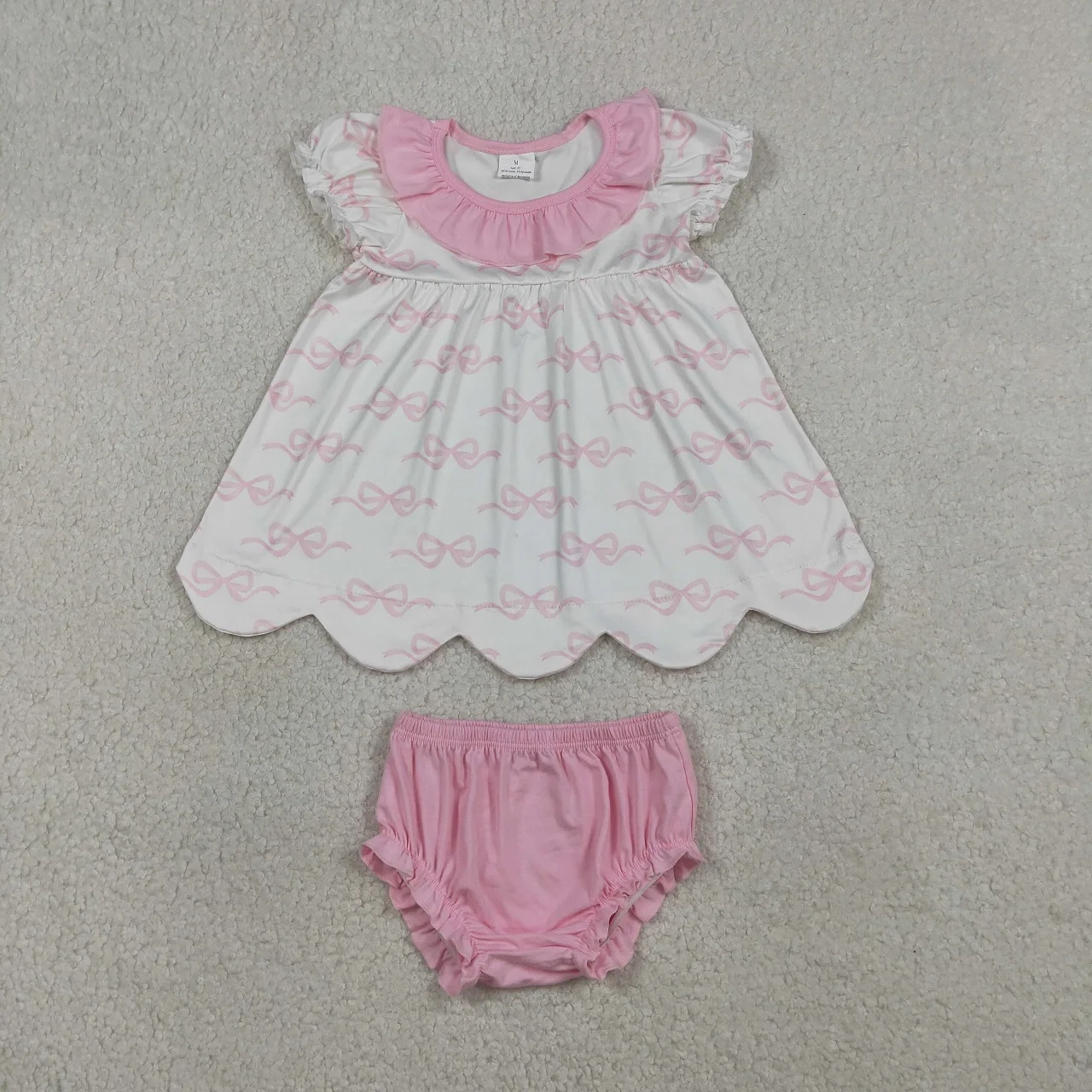 Wholesale Infant Baby Girl Bows Outfit Toddler Kids Short Sleeves Scalloped Tunic Set Bummie Shorts Children Summer Clothing