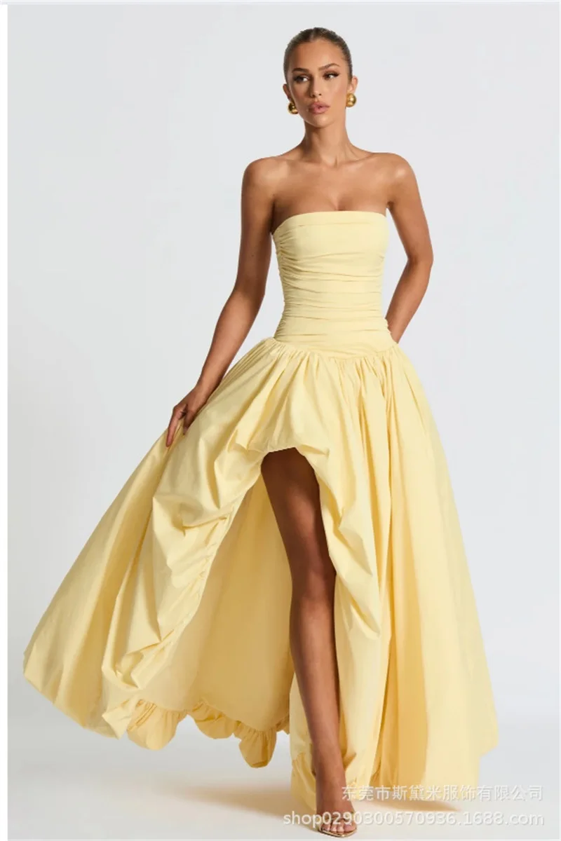 

Yellow Princess A Line Women's Prom Dress Sexy Sleeveless Strapless Long Robe Casual Formal Red Carpet Birthday Party Gown