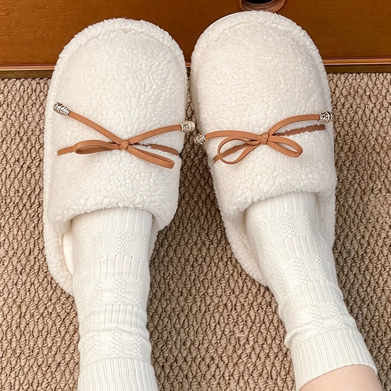Sweet Style Bowknot Warm Cotton Slippers Women Anti Slip Soft Sole Plush Lambswool Slides Winter Indoor Bedroom Furry Shoes Flat