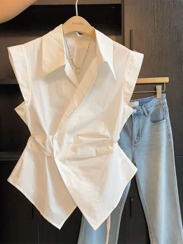 

Корейская женская летняя блузка без рукавов с асимметричной застежкой на пуговицах, подчеркивающая талию, универсальный топ нового дизайна