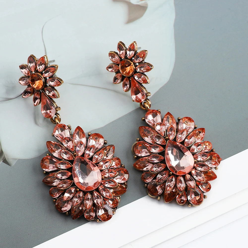 Charm Sweet Ethnic Style Flower Long Dangle Earrings Luxury Vintage Double Crystal Decorations Pendientes Aesthetic Accessories