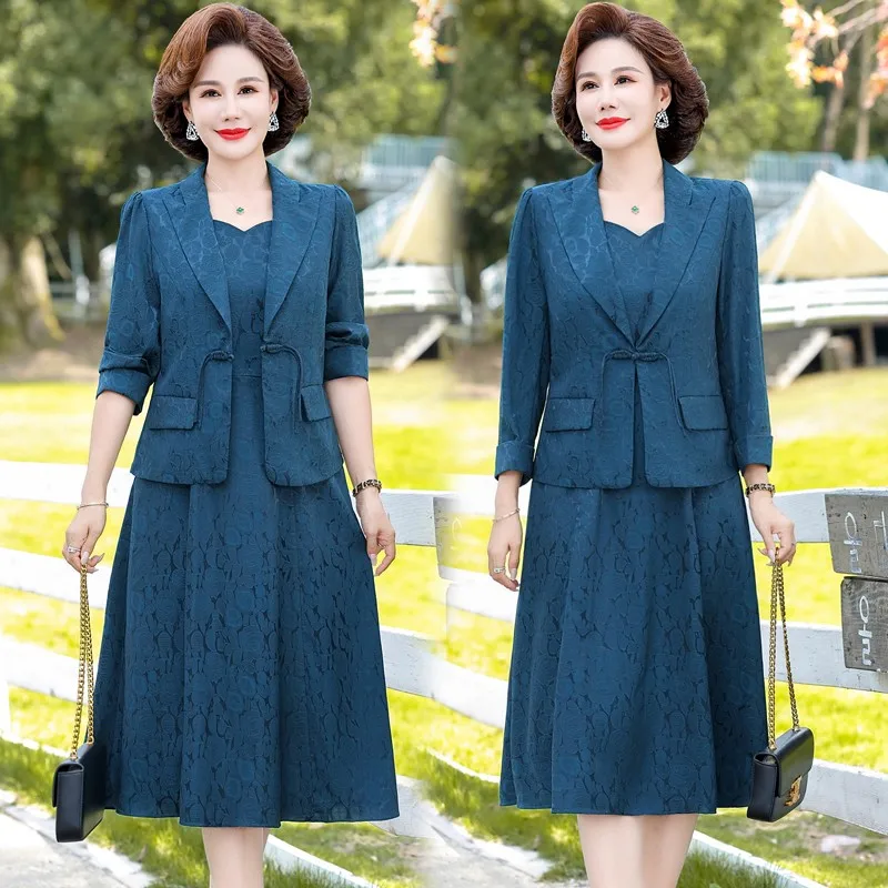 Autumn/Winter New Green Silk Printed Suit Coat Long Sleeve Set Women\'s Loose Large Slim Knee Length Skirt Two Piece Set