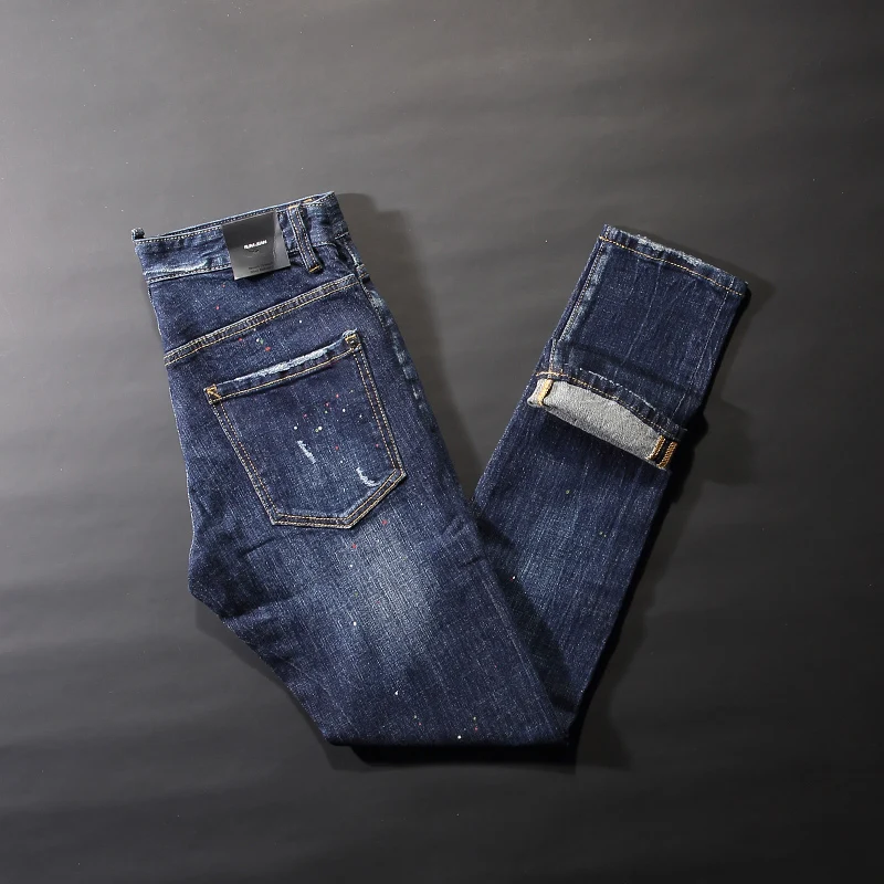 Jeans rasgado de ajuste fino elástico azul retrô masculino, marca designer, calça jeans vintage, alta qualidade, na moda