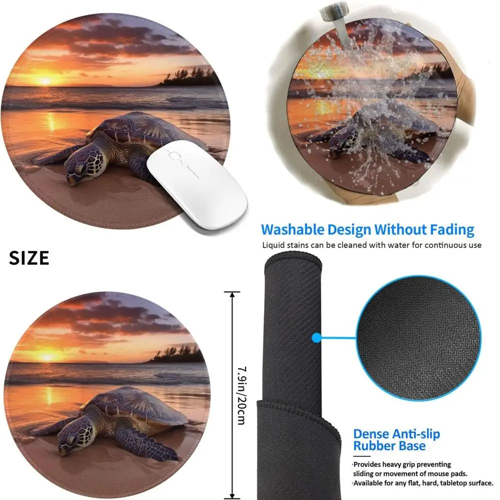 

8 Inch Sea Turtle Sunset Comfort Gaming Mousepad with Stitched Edge and Non-Slip Rubber Base