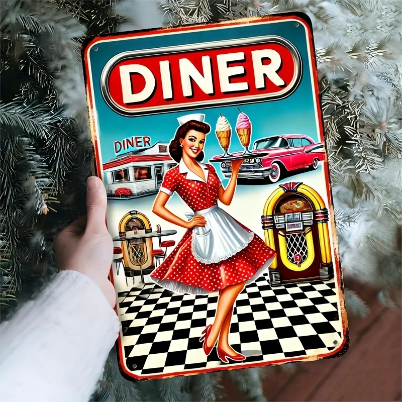 Letrero de hojalata de camarera y comedor retro de estilo vintage, decoración de pared de hierro rústico con escena de restaurante vibrante, suelo a cuadros rojo y blanco