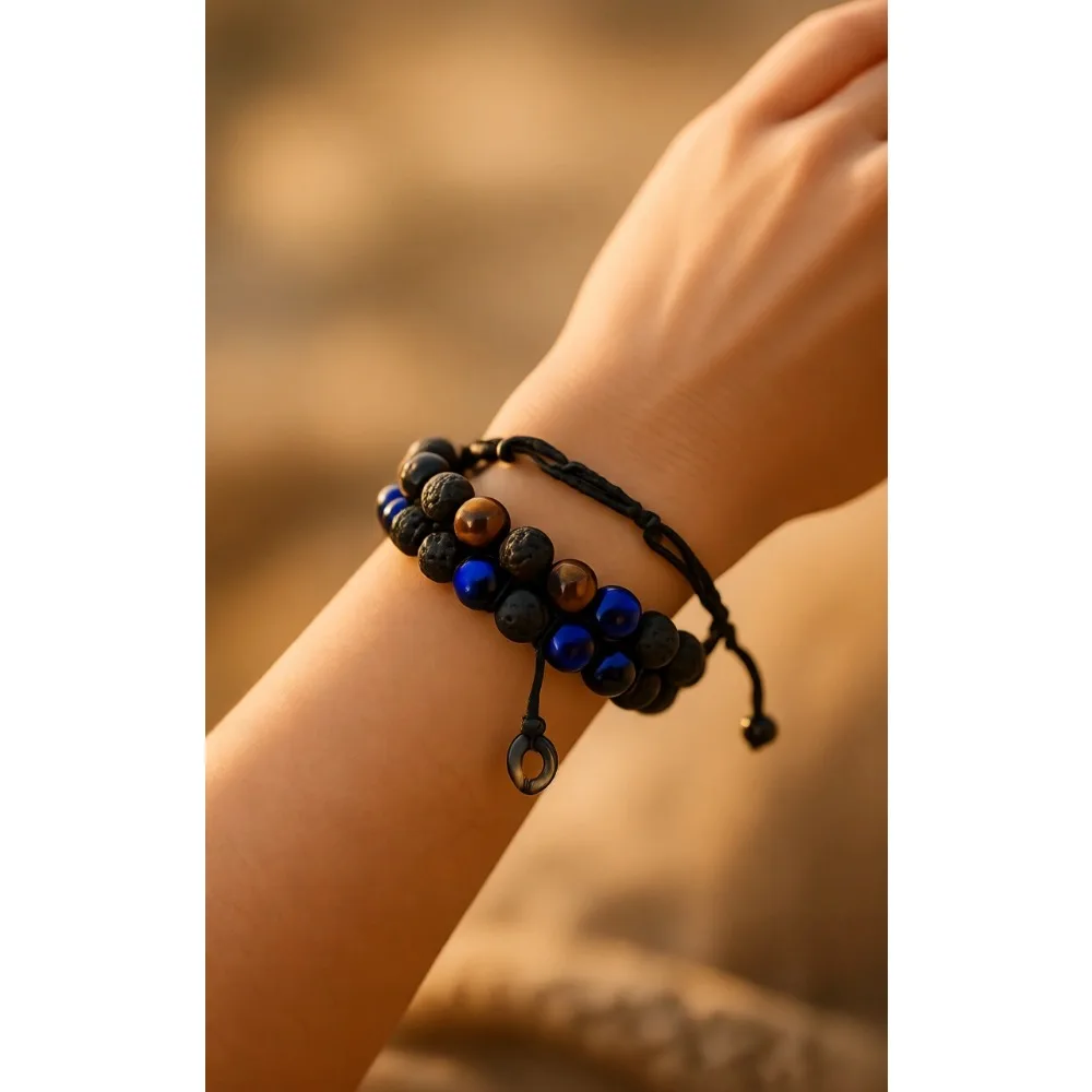 

Набор из 4 мужских браслетов: двухслойные, с гематитом, черным агатом, лавой и тигровым глазом, регулируемые, для снятия стресса, с функцией диффузора для эфирных масел