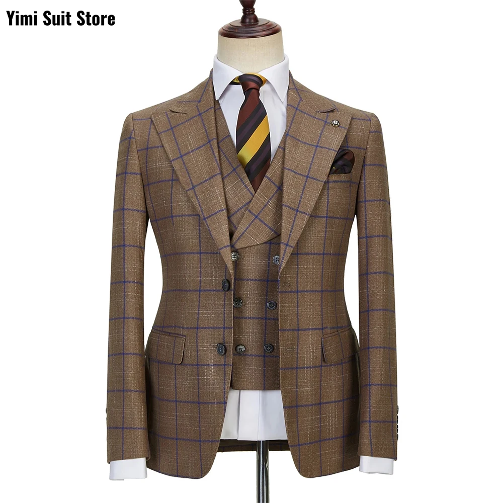 

Plaid Cassy Men Striped suit 3 Pieces Single Breasted Formal Business Coat Pants Wedding Suits Slim Fit Jacket+Vest+Pants