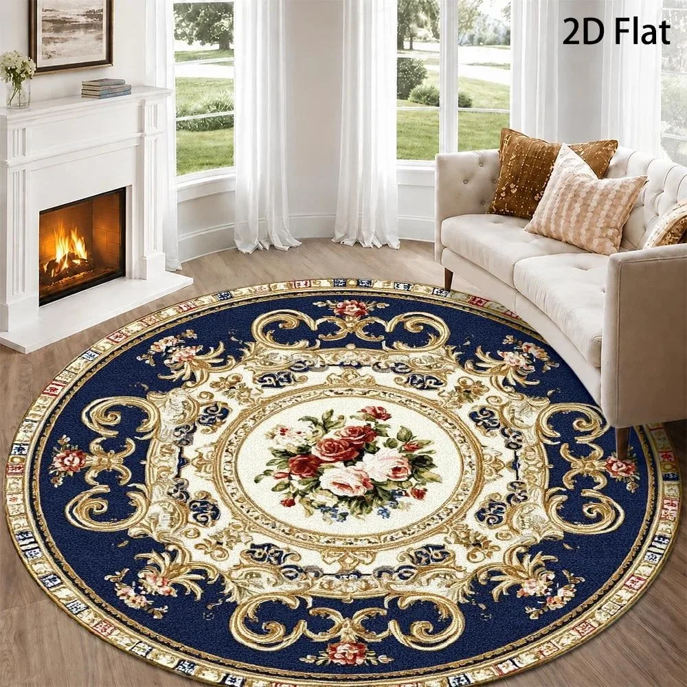 European Royal Round Carpet Blue Golden Baroque Scroll Rose Floral Medallion Textured Print Circular Floor Rug for Living Room