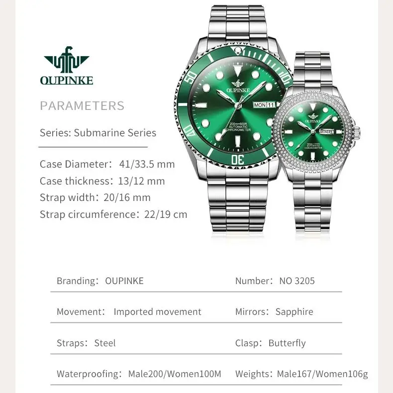 Reloj de pareja OUPINKE, reloj mecánico con movimiento importado completamente automático, serie de buceo de lujo, reloj de pareja Original para hombre y mujer