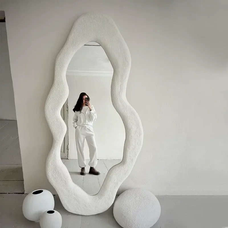 Wabi Sabi Cream Full Body Mirror Irregular Floor Standing Mirror for Bedroom Artistic Special Shaped Fitting Dressing Mirror