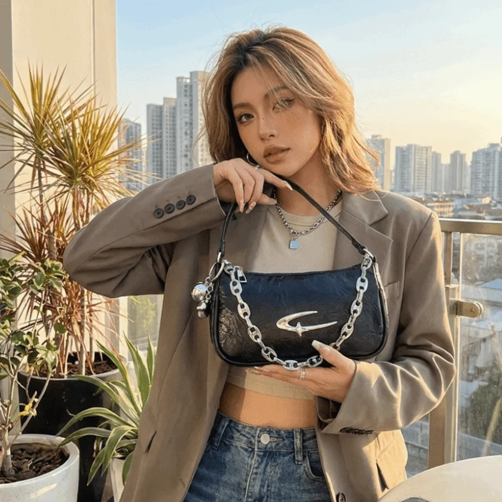 Y2K PU Underarm Hobo Bag Metal Chain Metal Ball Pendant Pleated Design Zipper Shoulder Handbag For Daily Use
