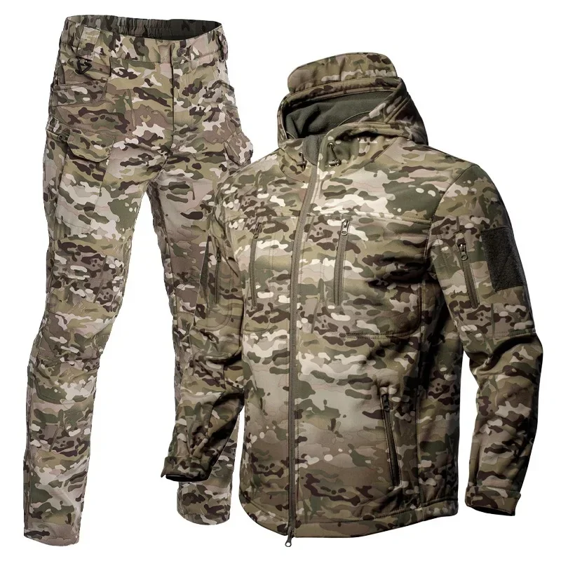 2026 Mens Winter Thermal Softshell Jacket Pants Set Fleece Lined Water Resistant Camo Ski Suit Hiking Hunting Outdoor Sportswear