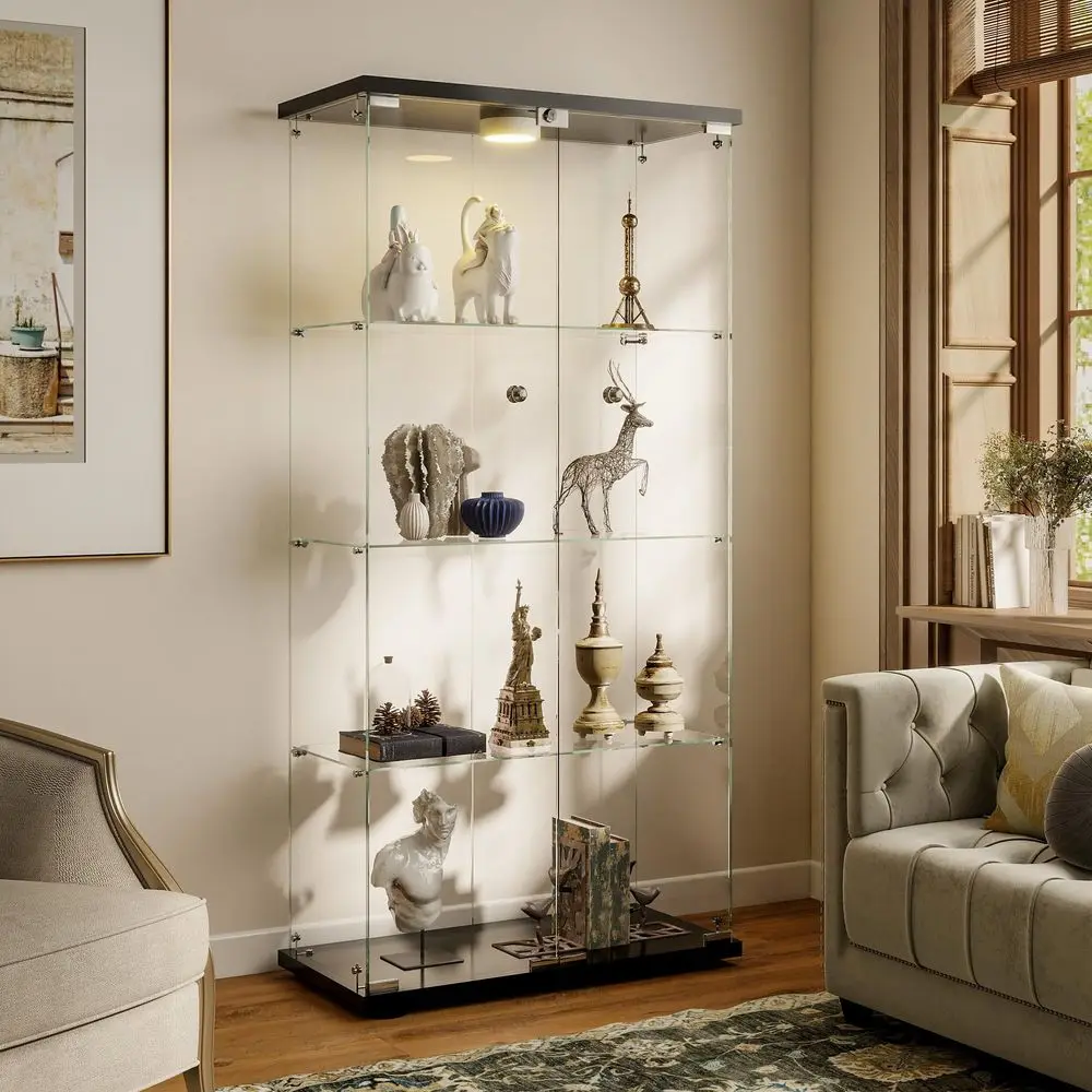 Display Cabinet with LED Lights and Lock, 4Shelf Tempered Glass Curio Cabinet with 2 Doors, Collectible Display Showcase for Li