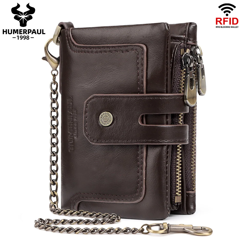 Genuine Leather Bifold Men Wallet for Business Card Removable RFID Card Holder Clutch Slim Luxury Design Zip Coin Purse Coffee