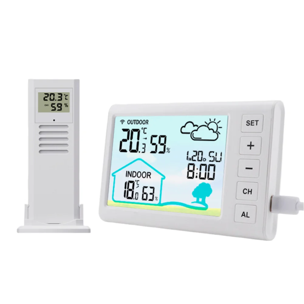 2pcs Wireless Station Clock Thermometer Hygrometer Color LCD Screen For Home Garden Greenhouse Temperature Humidity Monitor