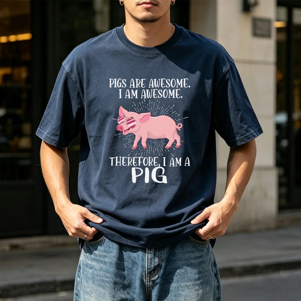 Funny Pigs Are Awesome I Am Awesome Therefore I Am A Pig T-Shirt Unisex Cute Pig Graphic Tee Casual Short Sleeve Cotton Tops