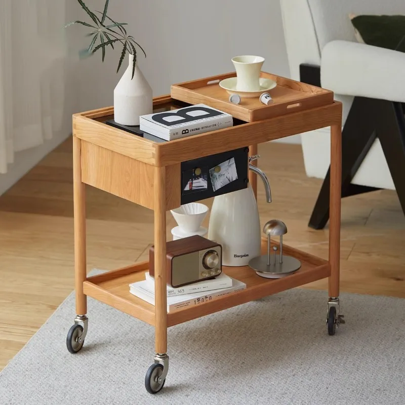 Solid wood side table Nordic movable trolley, cherry wood small apartment, Japanese coffee table