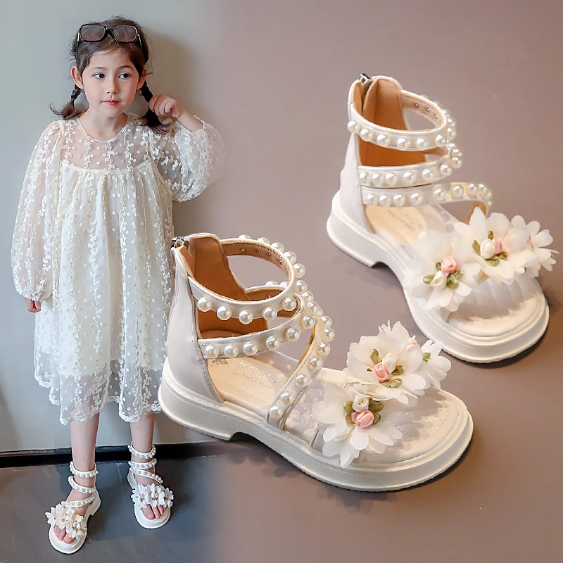 Girls Sandals Summer New Beige Flower Pearls Little Girl Princess Shoes Black Soft Bottom Non-slip Girls Kid Roman Sandals Shoes