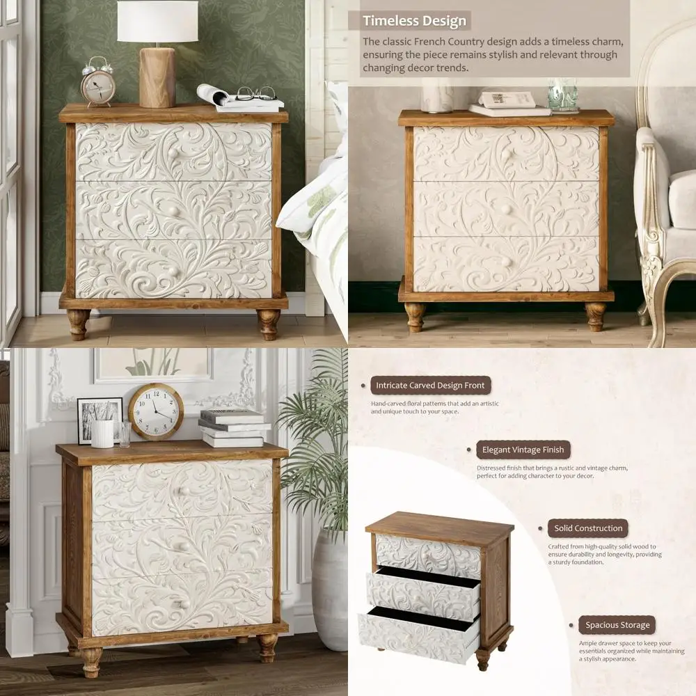 خزانة مزرعة مكونة من 3 أدراج مع عزر زهور منقوشة، منضدة عتيقة لغرفة النوم، مجمعة بالكامل تقريبًا