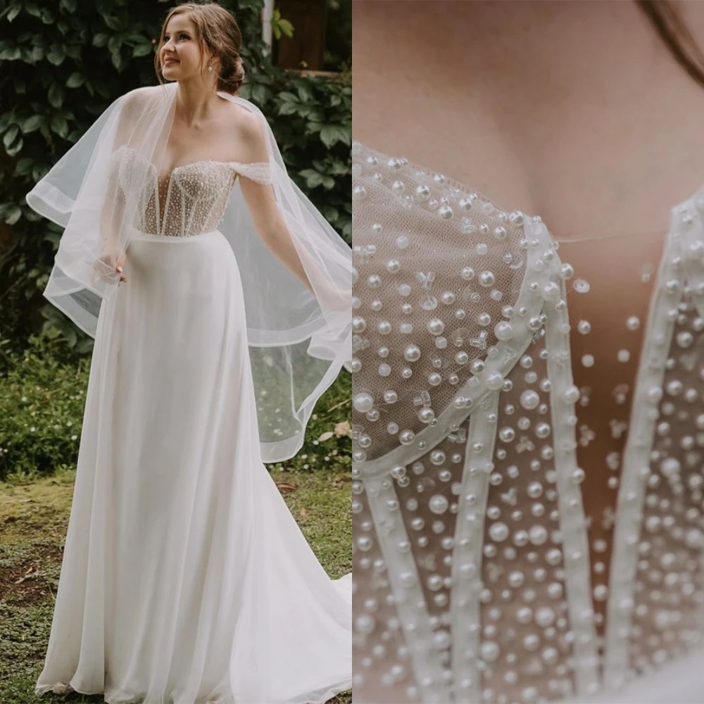 

Customized White Chiffon Wedding Dresses Sexy Style V-neck Sleeveless Bridal Gowns Elegant Off the Shoulder Vestido De Novia