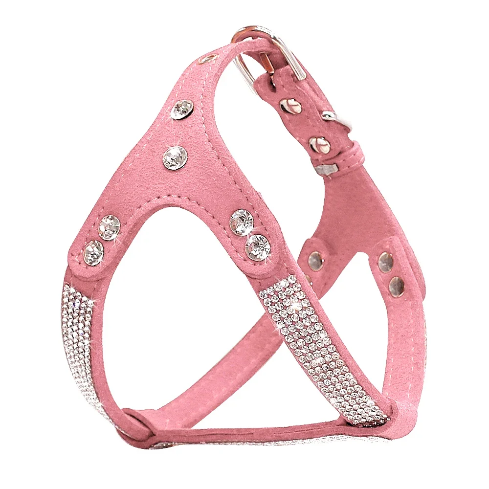 Soft Suede Leather Puppy Dog Harness Rhinestone Pet Cat Vest Mascotas Harnesses For Small Medium Dogs Chihuahua Pink