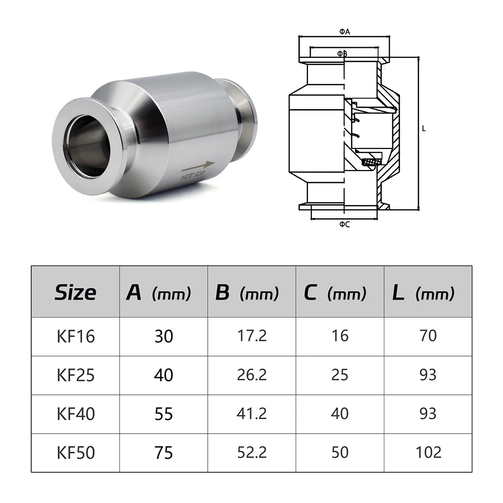 SS304 Stainless Steel KF Series Vacuum One-way Valve - KF16/25/40/50 Inline for Industrial Pumps Homebrew Vacuum System Fitting