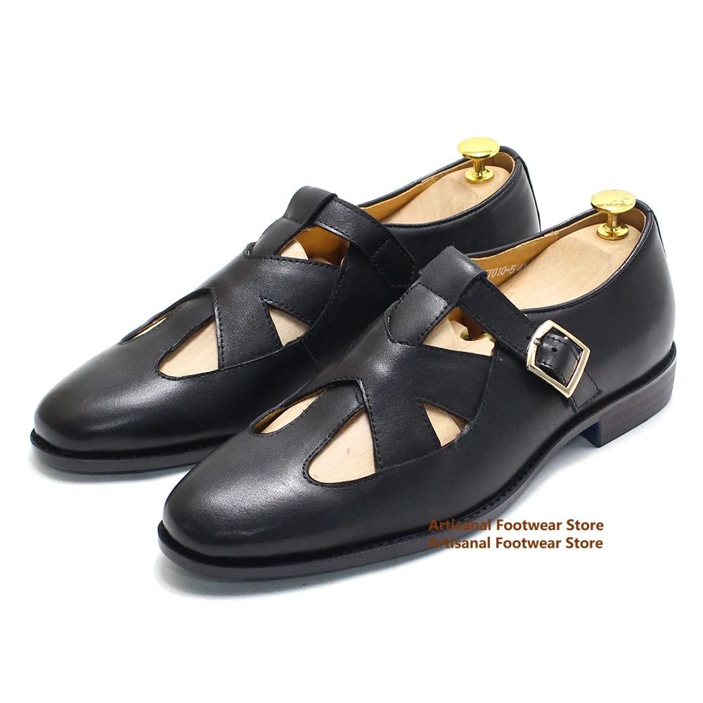 Hollow Out Men's Sandals Summer Flat Soled Single Shoes Brown/black Leather Buckle Strap Breathable Leather Shoes for Men
