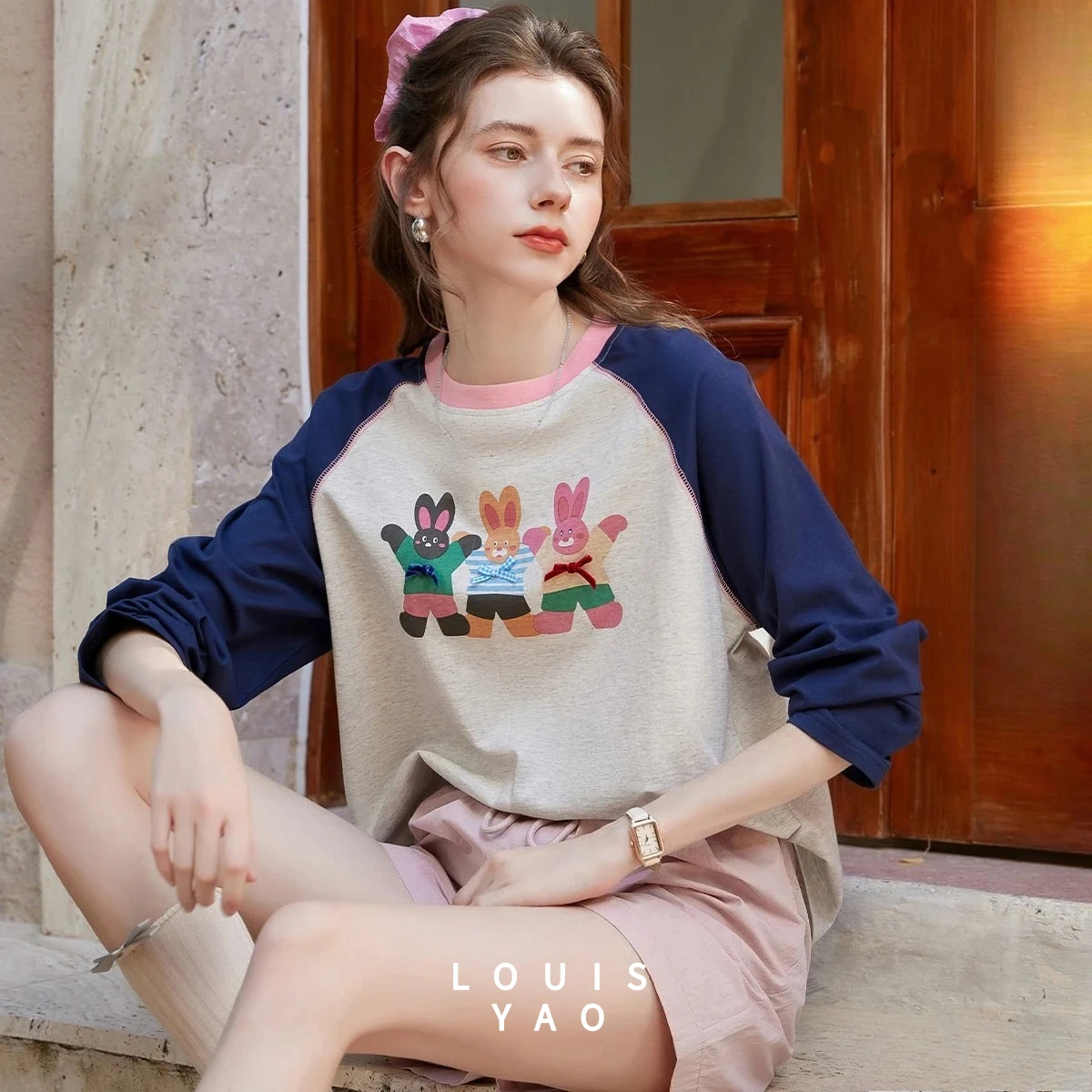 

LOUISYAO 2026 Весенняя женская футболка с длинным рукавом из 100% хлопка, с забавным принтом, в стиле колор-блок, повседневная, эластичная, пуловер