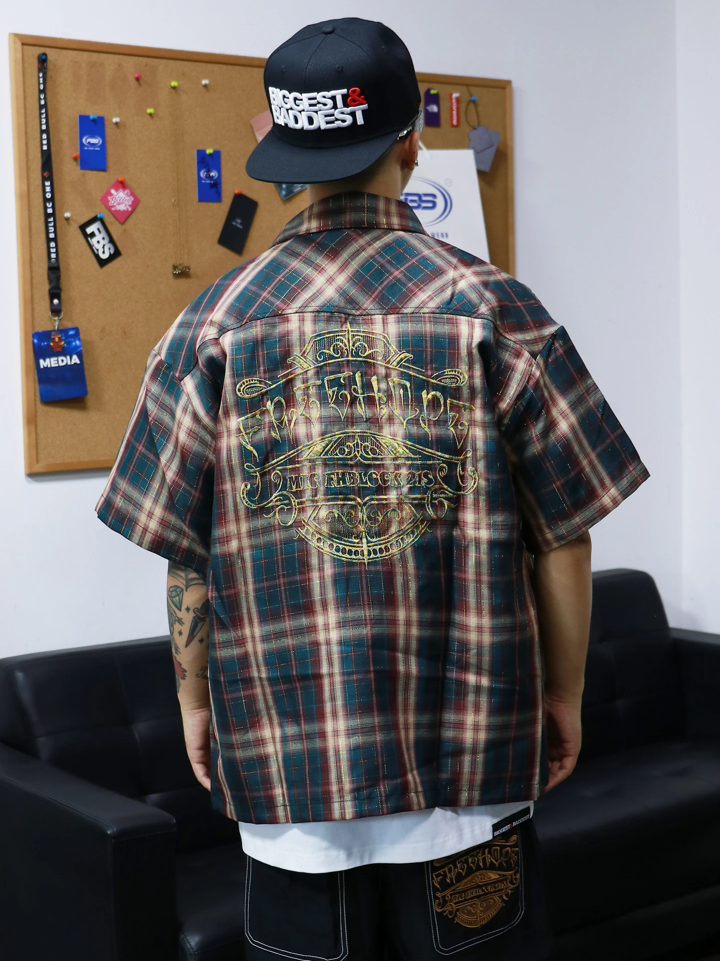 Retro American Hip Hop Street Bboy Dance Gold Thread Gradient Plaid Loose Workwear Short Sleeve Shirt Street Style Polyester ...